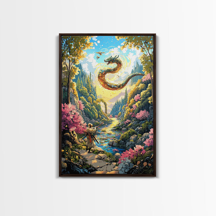 Warrior And Golden Dragon Mountain River Wall Art, Japanese Fantasy Canvas Print, Samurai Decor, Cherry Blossom Landscape