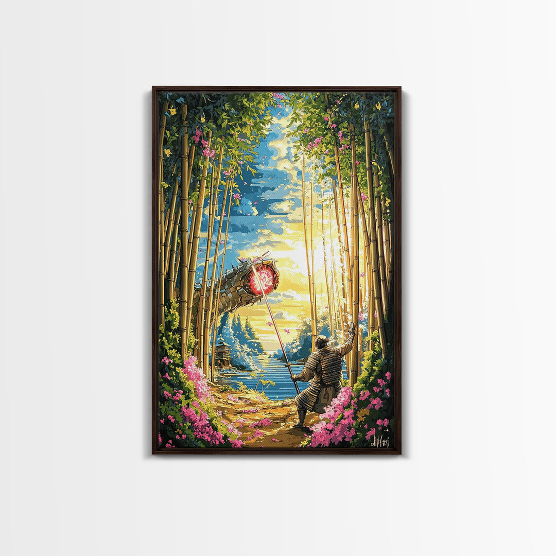 Samurai Banner In Bamboo Forest Wall Art, Japanese Warrior Canvas Print, Cherry Blossom Decor, Fantasy Landscape Poster Art