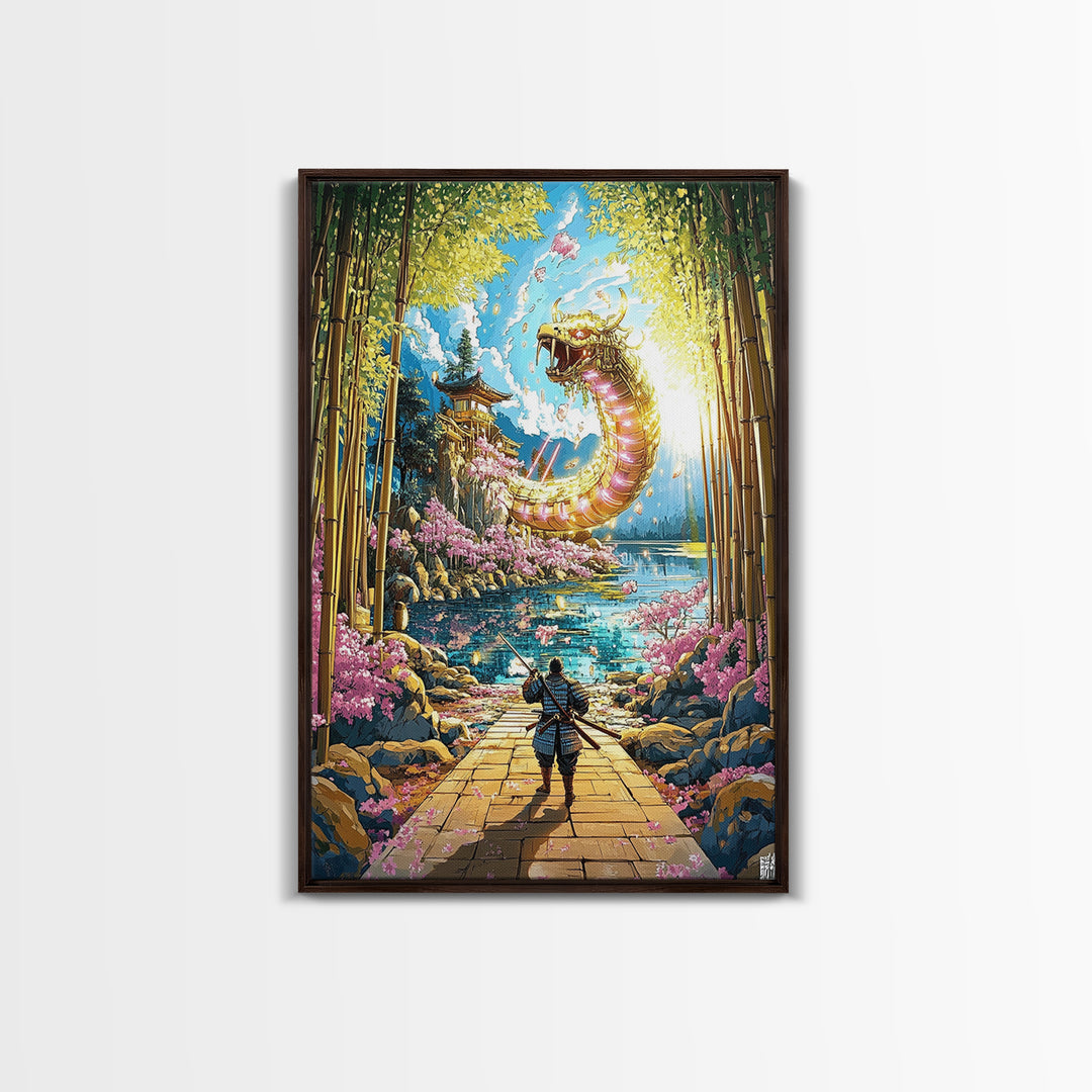 Golden Dragon By Bamboo Lake Framed Canvas Print, Samurai Wall Art, Japanese Fantasy Decor, Cherry Blossom Temple Art Print