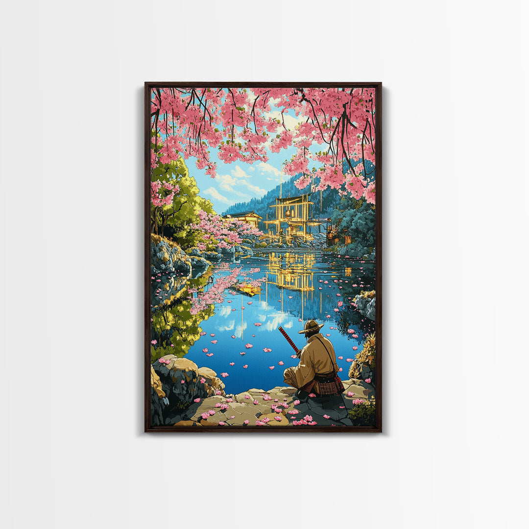 Seated Samurai At Cherry Blossom Lake Wall Art, Japanese Garden Canvas Print, Torii Reflection Decor, Peaceful Landscape