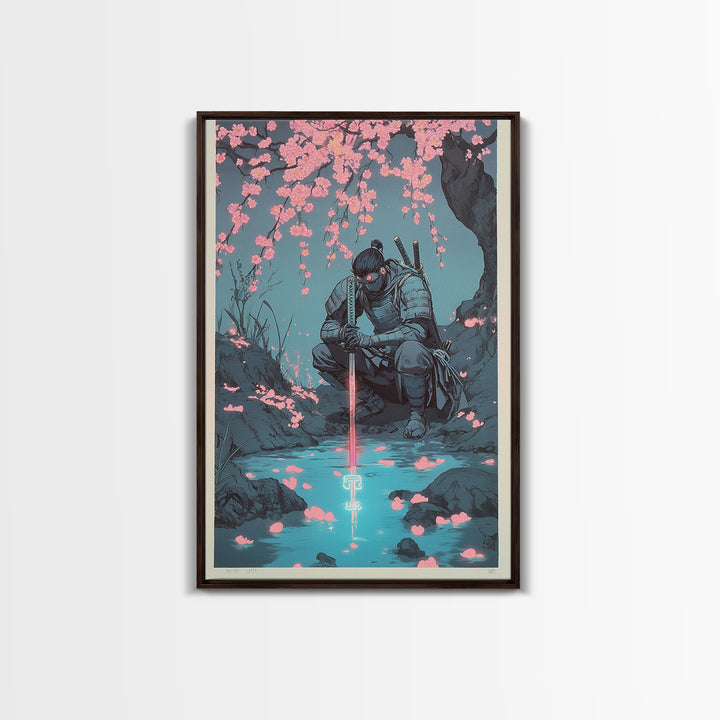 Kneeling Samurai With Glowing Sword Wall Art, Dark Japanese Canvas Print, Cherry Blossom Stream Decor, Ninja Warrior Poster
