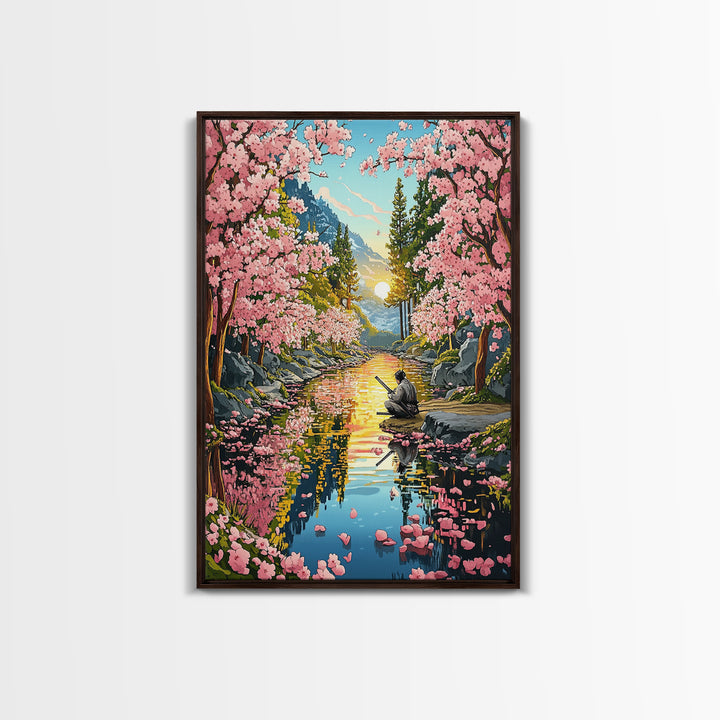 Samurai Meditation Beside Cherry River Wall Art, Japanese Landscape Canvas Print, Sakura Sunset Decor, Mountain Reflection