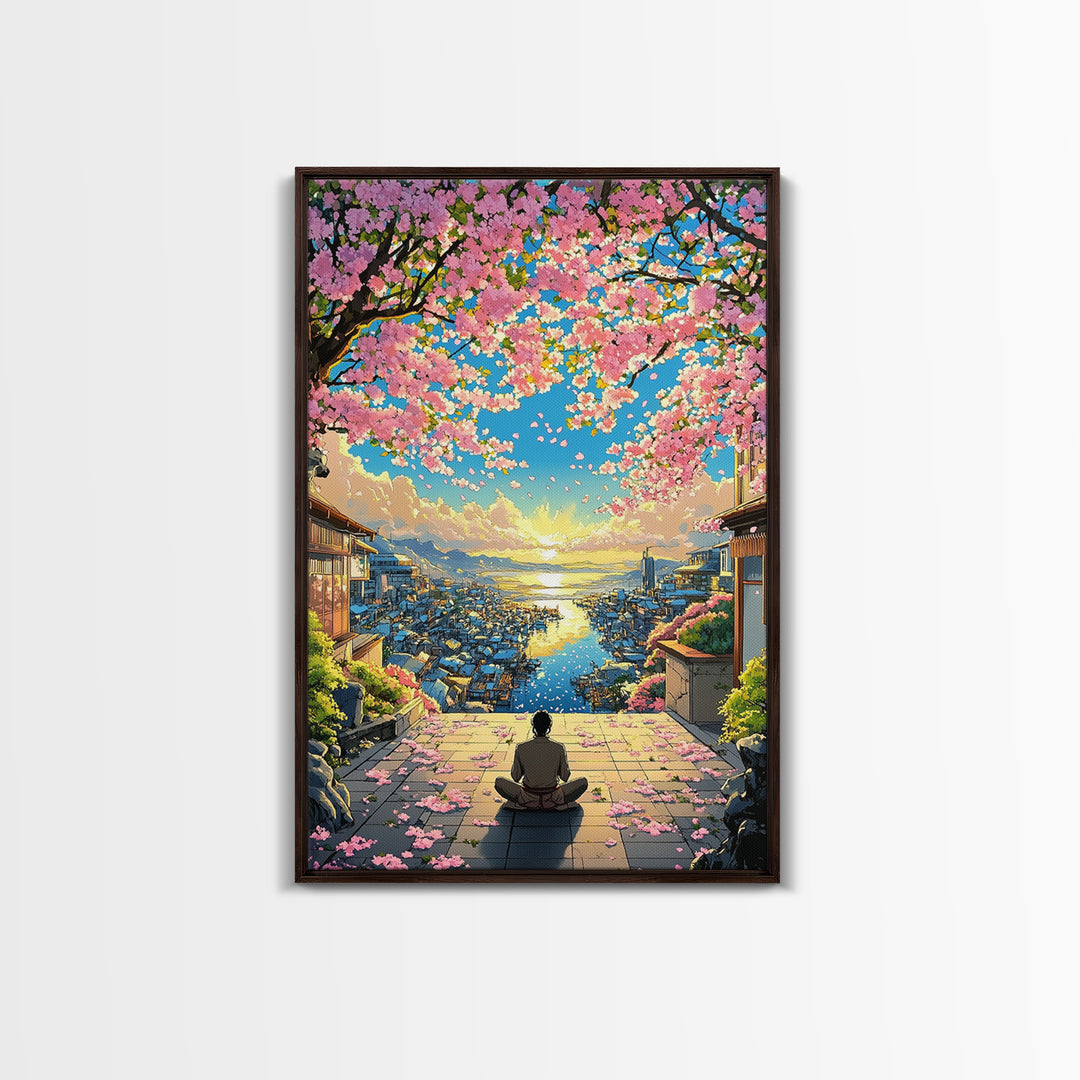 Meditation Over Cherry Blossom Harbor Wall Art, Japanese Coastal Canvas Print, Sakura Cityscape Decor, Peaceful Sunset Art