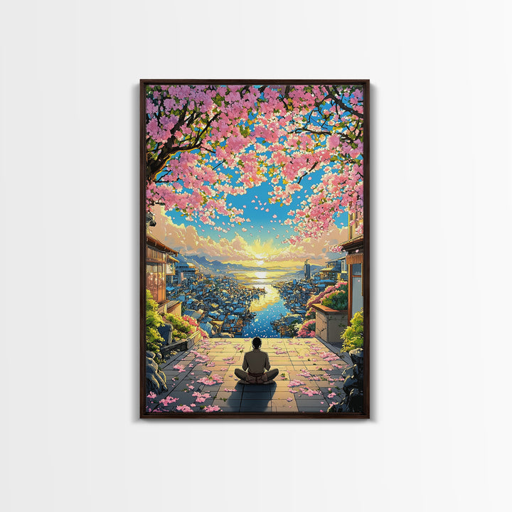 Meditation Over Cherry Blossom Harbor Wall Art, Japanese Coastal Canvas Print, Sakura Cityscape Decor, Peaceful Sunset Art