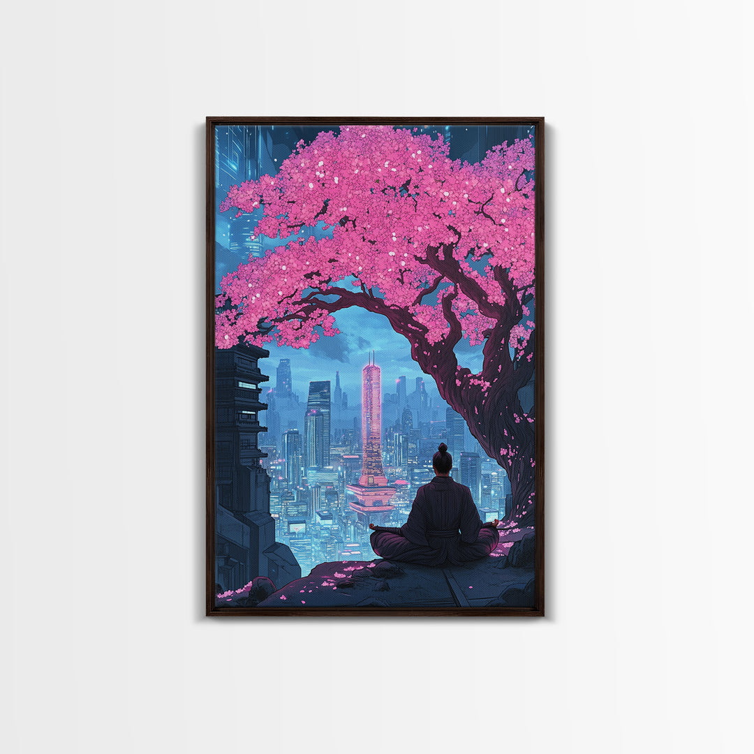 Pink Cherry Blossom Meditation City Wall Art, Cyberpunk Japanese Landscape Print, Neon Urban Decor, Zen Living Room Art Gift