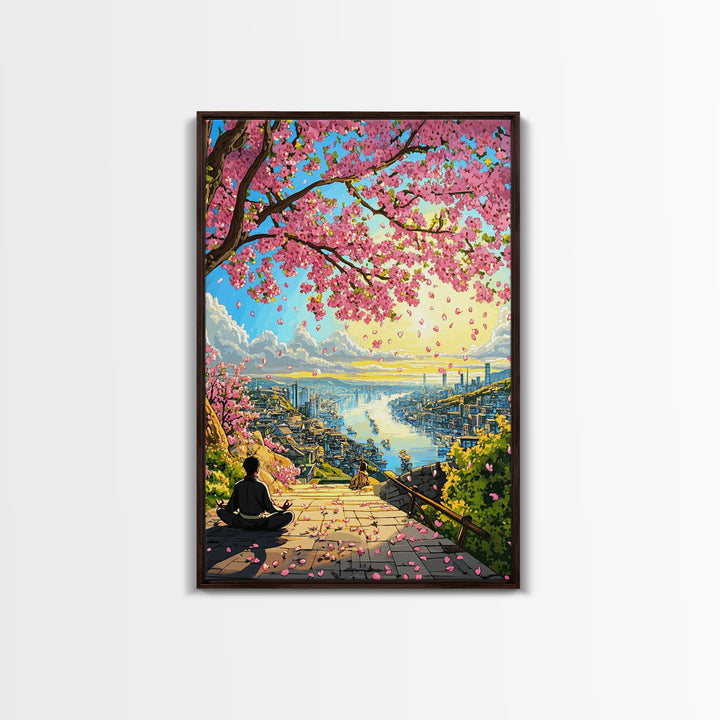 Cherry Blossom Stairway Bay Canvas Print, Japanese Coastal Landscape Art, Peaceful Zen Decor, Colorful Living Room Wall Art
