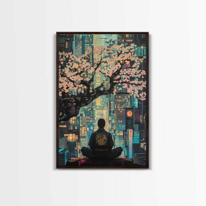 Cherry Blossoms Over Neon City Framed Canvas Print, Cyberpunk Japanese Wall Decor, Urban Zen Meditation Living Room Art Gift
