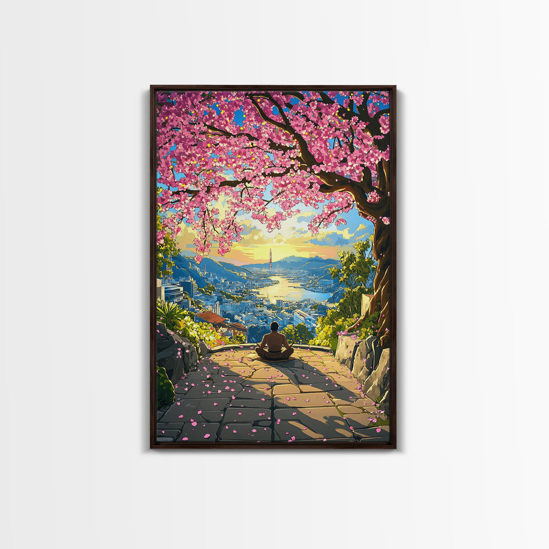 Sunset Cherry Blossom Bay Wall Art, Japanese Landscape Painting, Zen Meditation Decor, Colorful Coastal Living Room Print