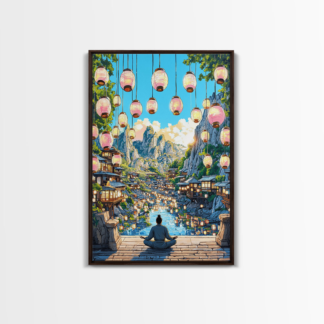 Lantern Mountain Village Canvas Print, Japanese Fantasy Landscape Art, Glowing River Decor, Zen Living Room Wall Art Gift
