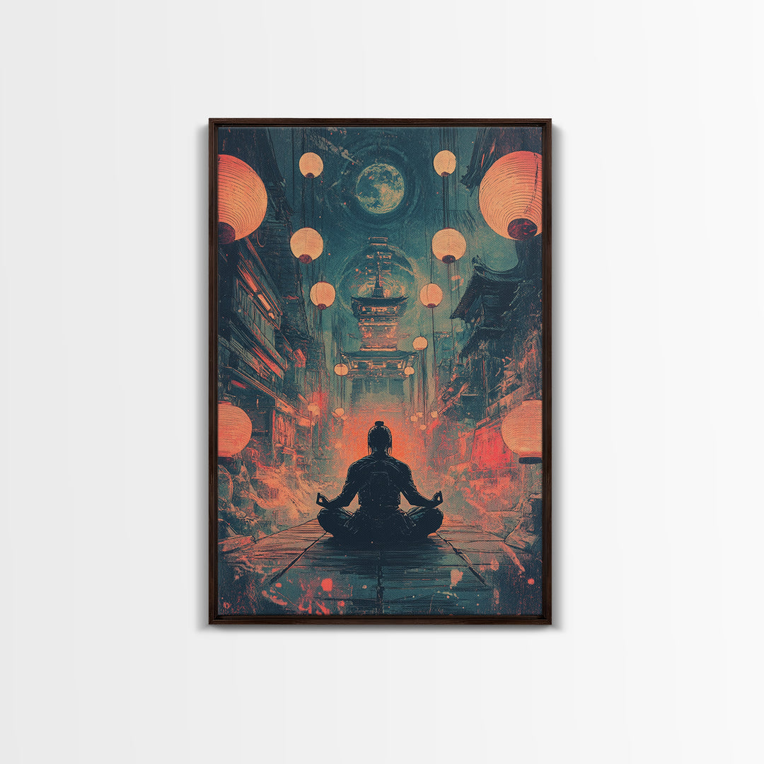 Moonlit Red Lantern Meditation Wall Art, Dark Japanese Fantasy Decor, Moody Zen Canvas Wall Art, Spiritual Room Print, Gift For Him