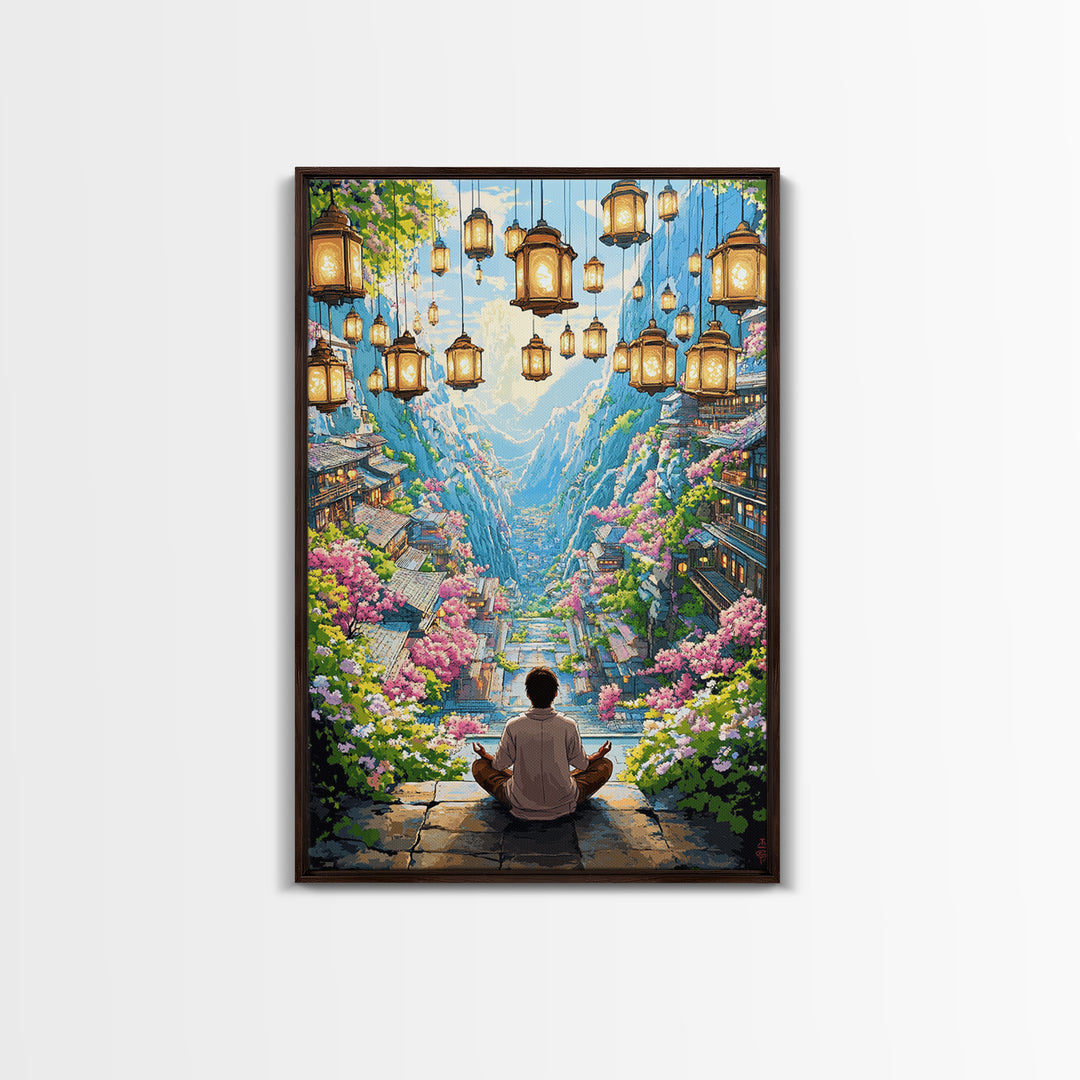 Hanging Lantern Valley Framed Canvas Print, Japanese Mountain Village Wall Decor, Floral Zen Landscape Living Room Art Gift