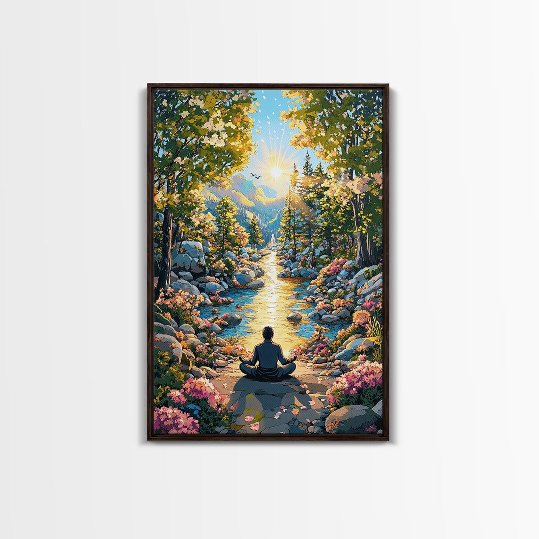 Golden Mountain River Meditation Canvas Print, Sunlit Nature Wall Art, Peaceful Zen Decor, Calming Living Room Art, Housewarming Gift