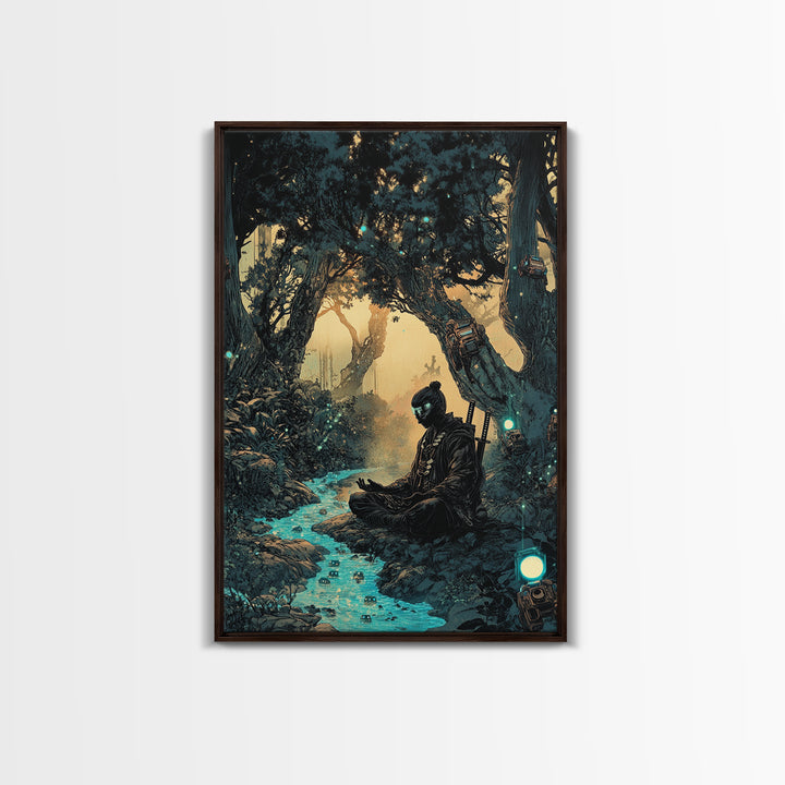 Meditating Samurai In Glowing Forest Stream Wall Art, Japanese Zen Decor, Fantasy Landscape Print, Moody Office Decor Gift