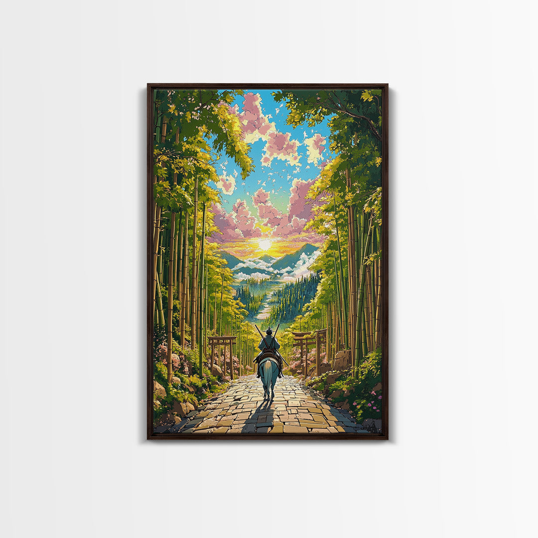 Samurai Rider On Bamboo Path At Sunset Framed Canvas Print, Japanese Landscape Wall Art, Zen Nature Home Decor, Gift For Her