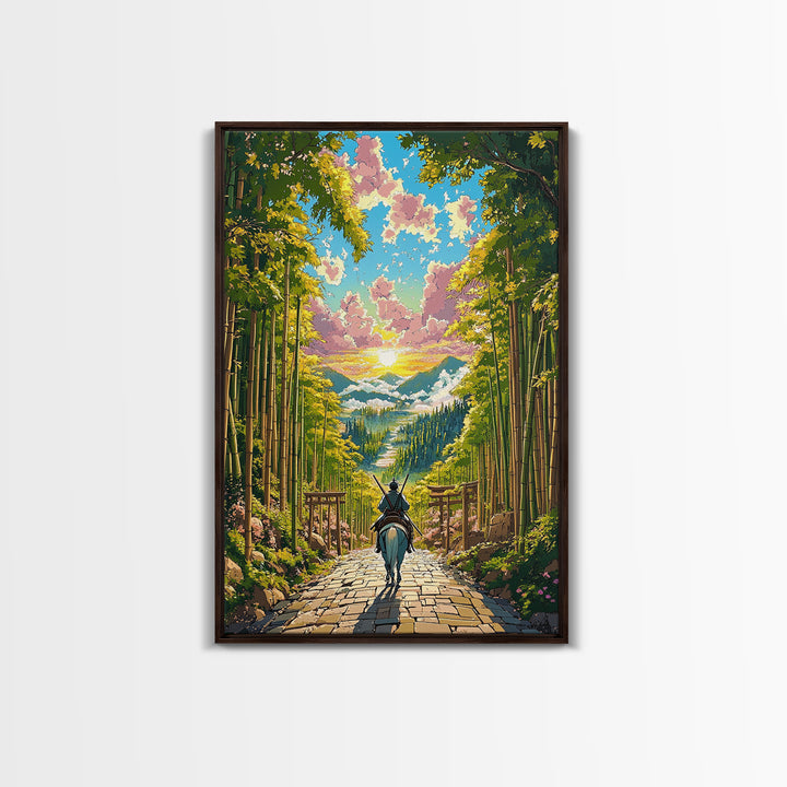 Samurai Rider On Bamboo Path At Sunset Framed Canvas Print, Japanese Landscape Wall Art, Zen Nature Home Decor, Gift For Her