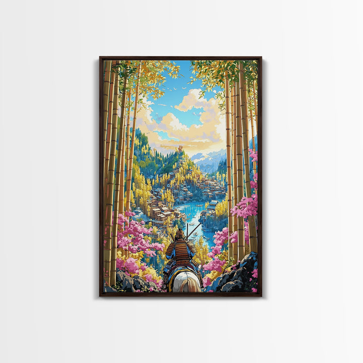 Armored Samurai Overlooking Lake City Framed Canvas Print, Japanese Bamboo Wall Art, Cherry Blossom Landscape, Home Decor