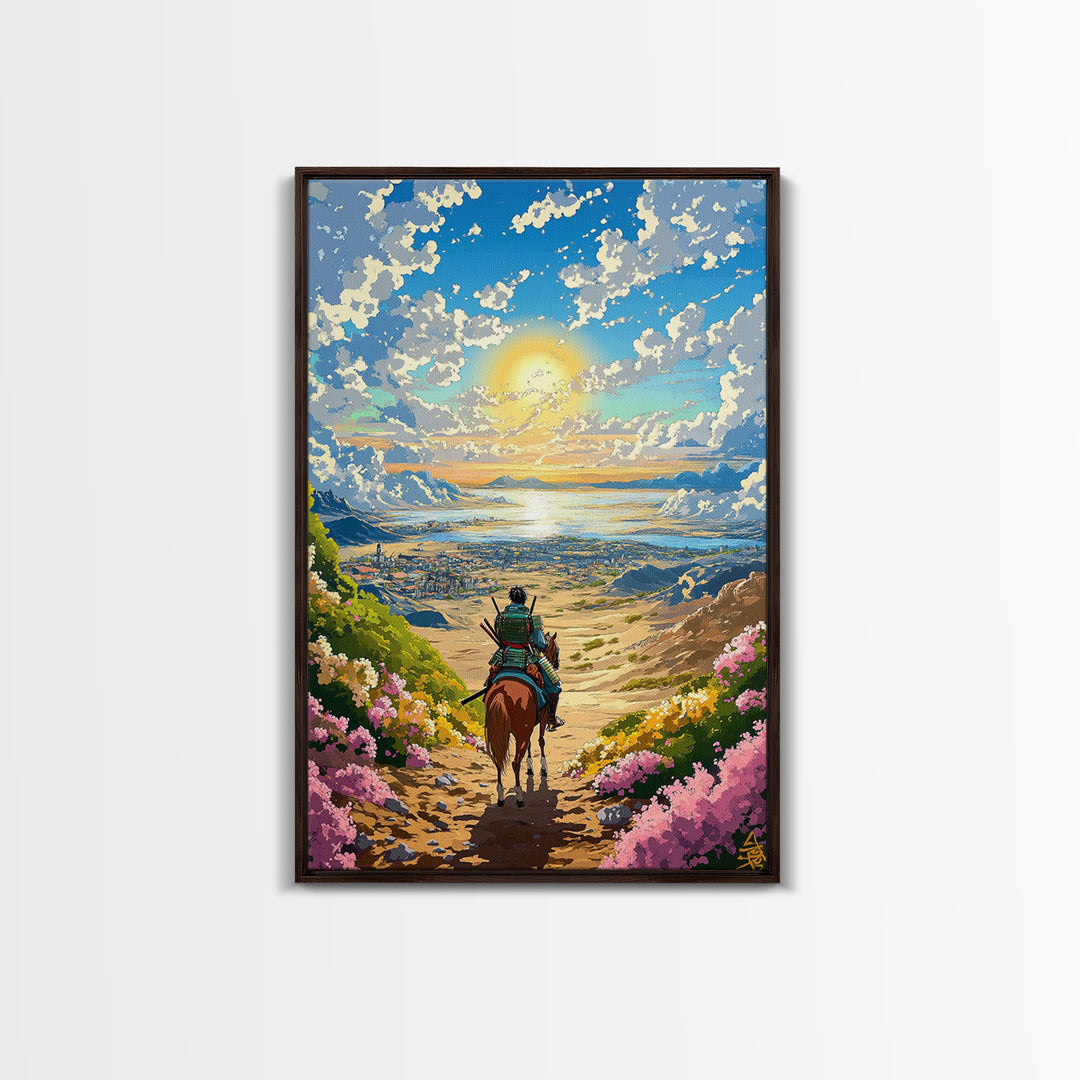 Samurai Rider Above Sunlit Ocean Valley Canvas Print, Japanese Landscape Wall Art, Coastal Mountain Decor, Colorful Print