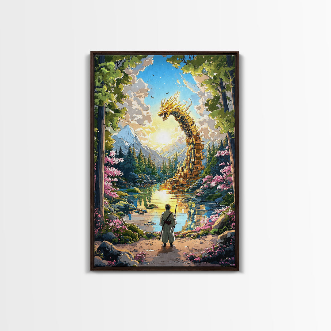Golden Dragon Over Mountain Lake Canvas Print, Japanese Fantasy Art, Cherry Blossom Wall Decor, Samurai Living Room Art Print