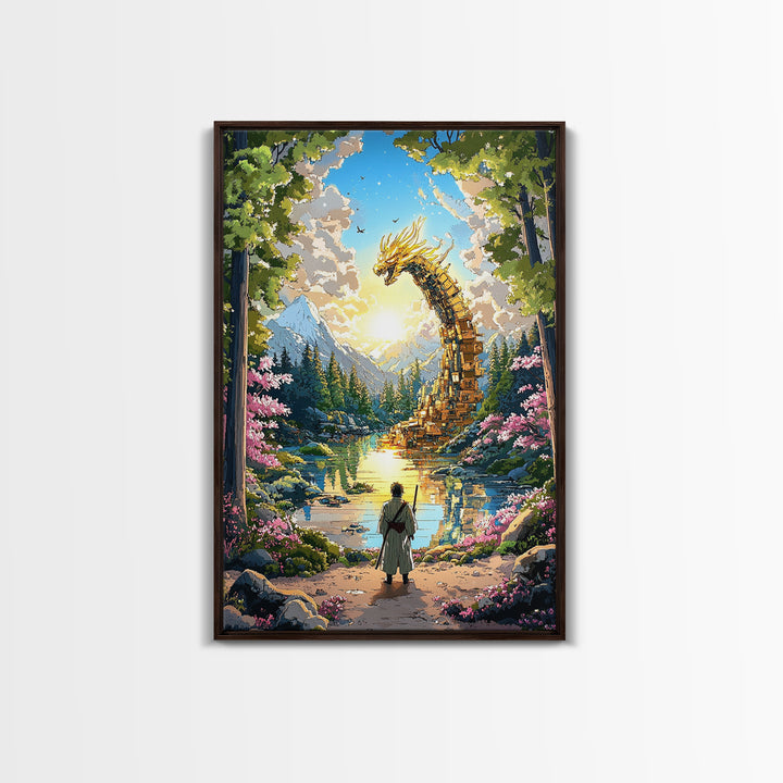 Golden Dragon Over Mountain Lake Canvas Print, Japanese Fantasy Art, Cherry Blossom Wall Decor, Samurai Living Room Art Print