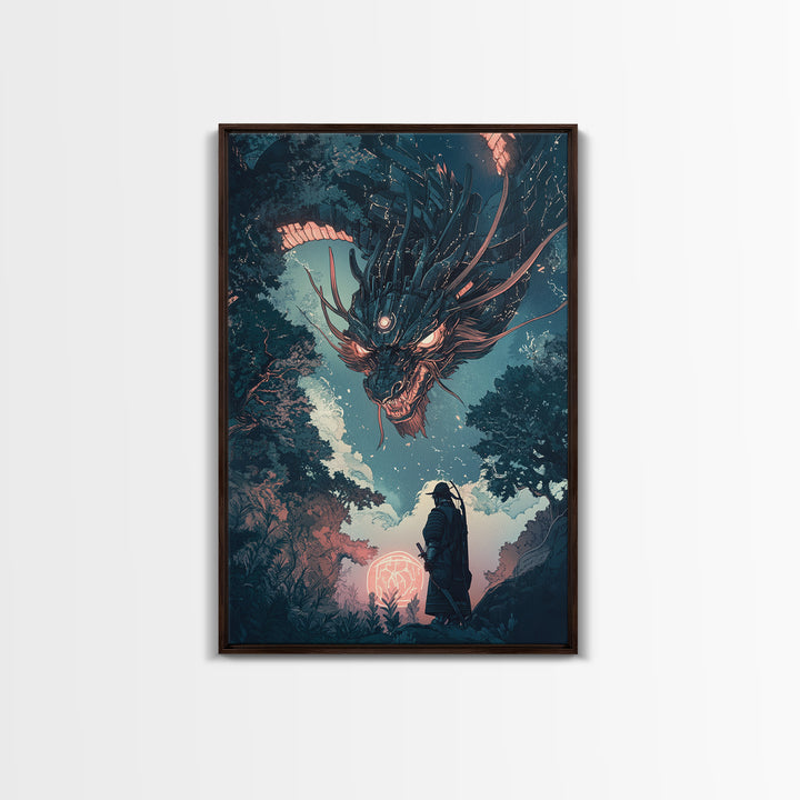 Dark Mechanical Dragon And Samurai Wall Art, Japanese Fantasy Poster, Cyberpunk Decor, Moody Sci Fi Living Room Art Print