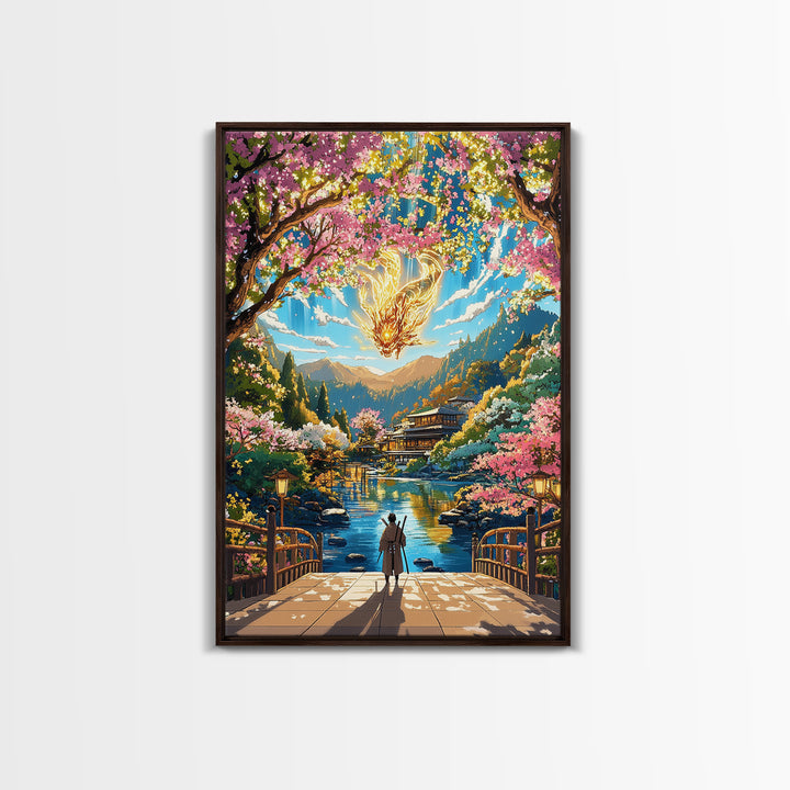 Glowing Dragon Above Cherry Blossom River Framed Canvas Print, Japanese Garden Wall Art, Colorful Fantasy Home Decor Print