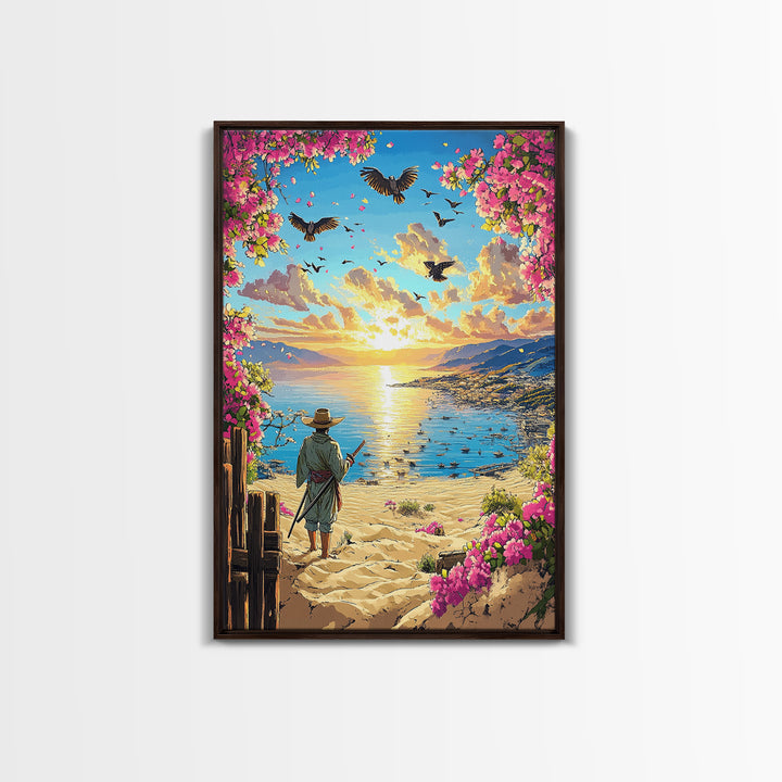 Samurai On Sunny Flower Framed Beach Canvas Print, Coastal Wall Art, Tropical Sunset Poster, Beach House Living Room Decor
