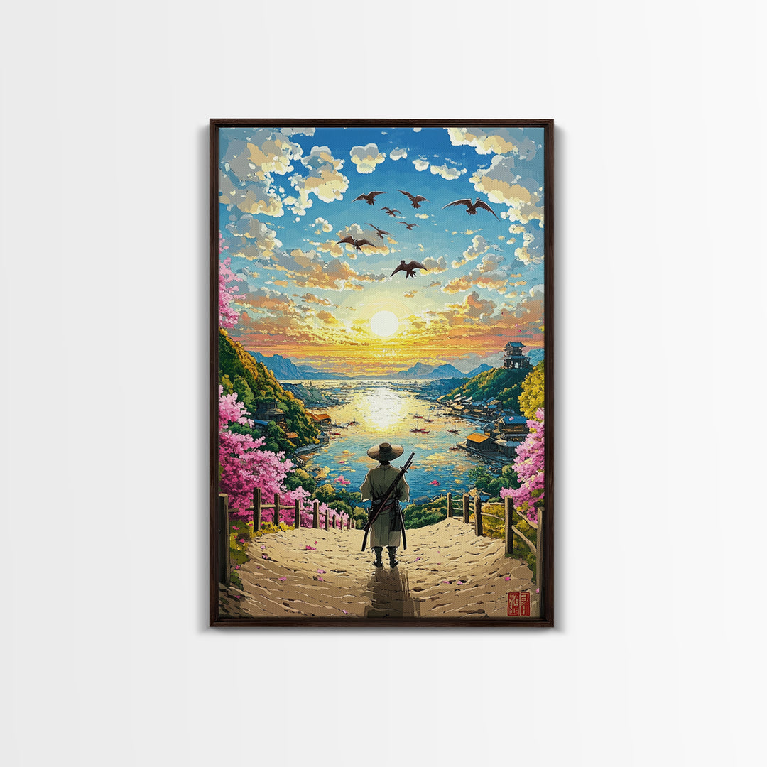 Samurai Overlooking Golden Coastal Village Wall Art, Japanese Seascape Print, Cherry Blossom Decor, Serene Living Room Art