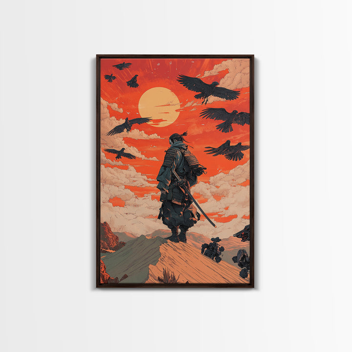 Armored Samurai Beneath Red Sunset And Ravens Canvas Print, Japanese Warrior Wall Art, Desert Fantasy Poster, Office Decor