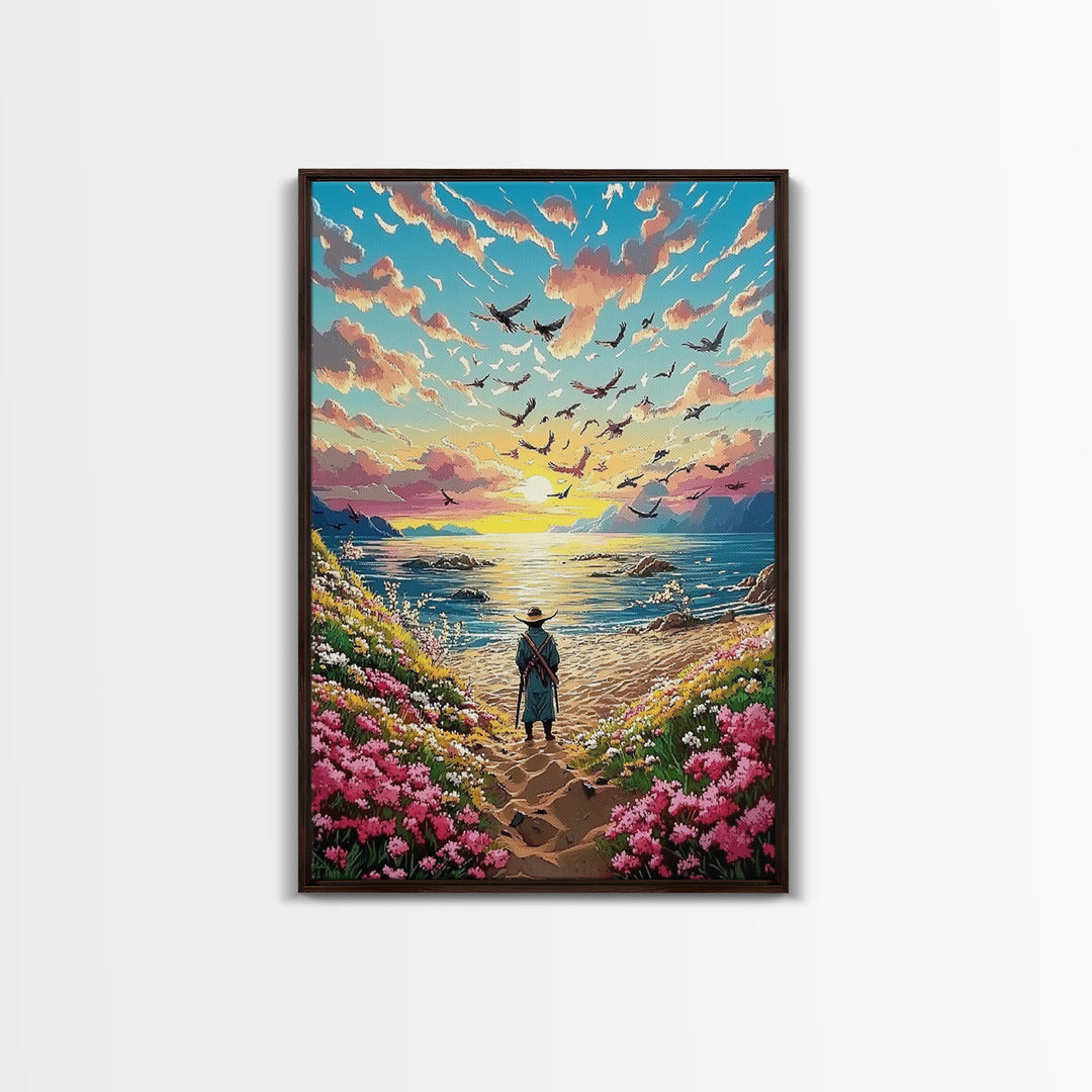 Lone Traveler On Wildflower Seaside Path Canvas Print, Coastal Sunset Wall Art, Ocean Landscape Decor, Beach House Print
