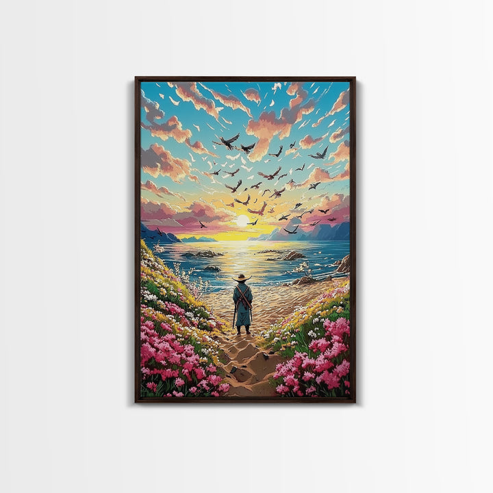 Lone Traveler On Wildflower Seaside Path Canvas Print, Coastal Sunset Wall Art, Ocean Landscape Decor, Beach House Print