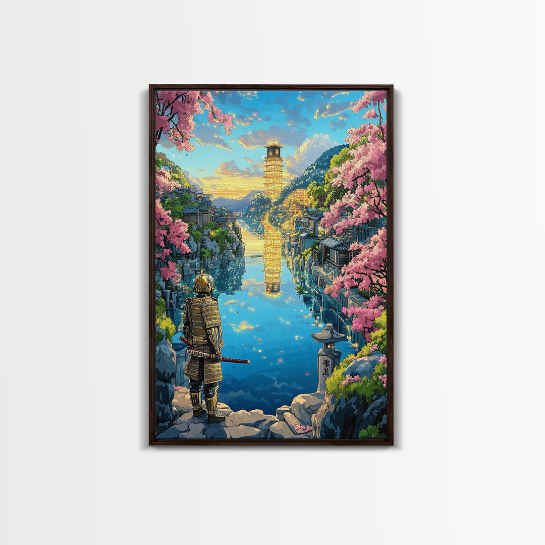 Samurai Overlooking Golden Pagoda Lake Wall Art, Japanese Cherry Blossom Canvas Print, Fantasy Landscape Home Decor Gift