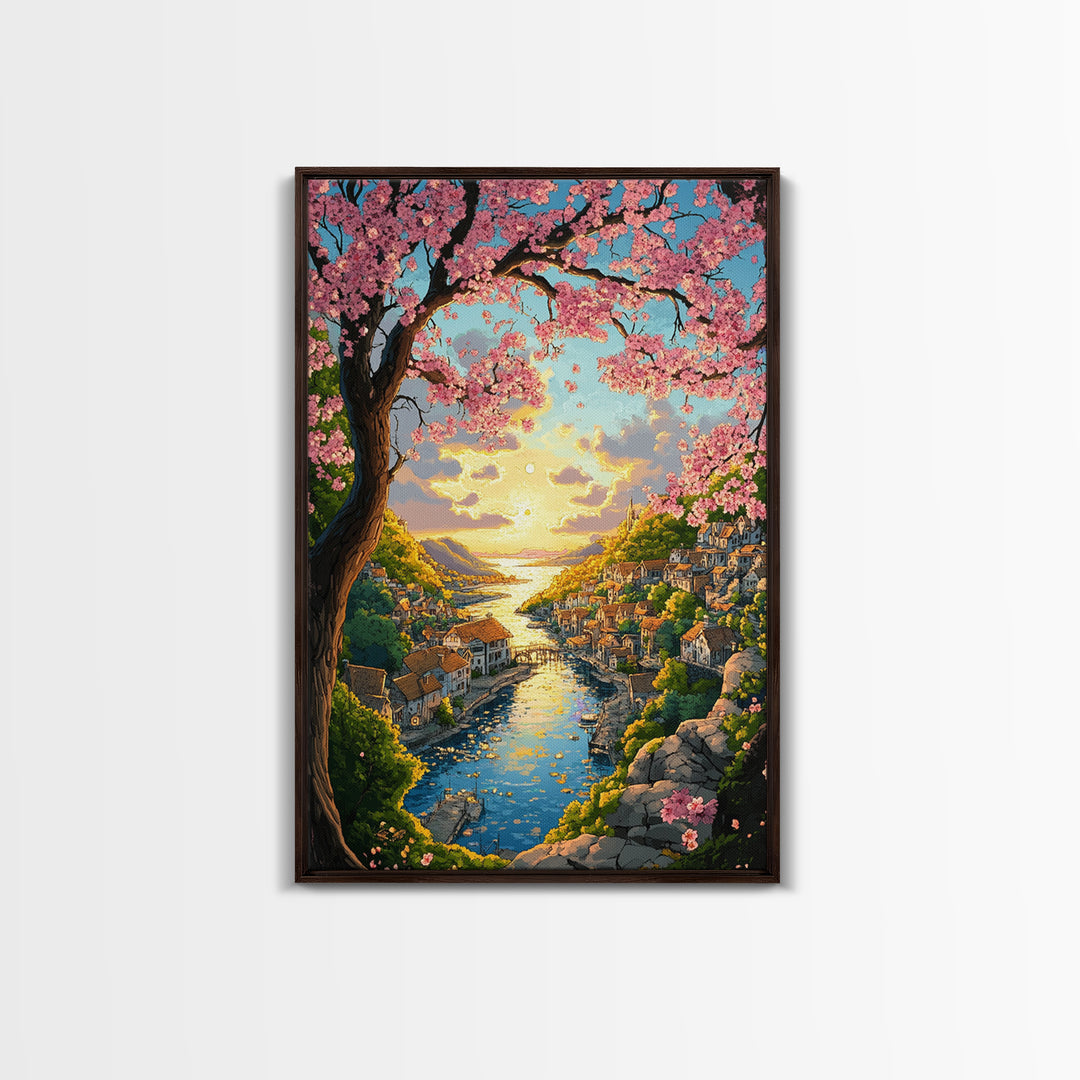 Cherry Blossom River Village Wall Art, Coastal Sunset Canvas Print, Japanese Landscape Art Print For Living Room Decor Gift