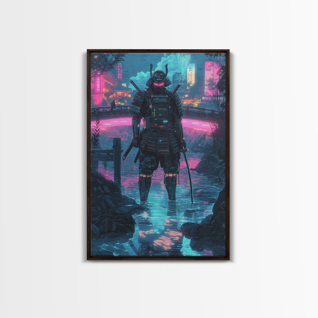 Neon Cyberpunk Samurai In Rain Wall Art, Futuristic City Canvas Print, Japanese Warrior Gaming Room Decor Gift For Him Poster