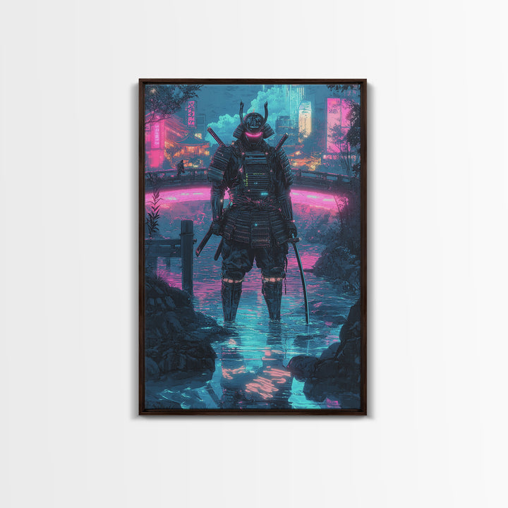 Neon Cyberpunk Samurai In Rain Wall Art, Futuristic City Canvas Print, Japanese Warrior Gaming Room Decor Gift For Him Poster