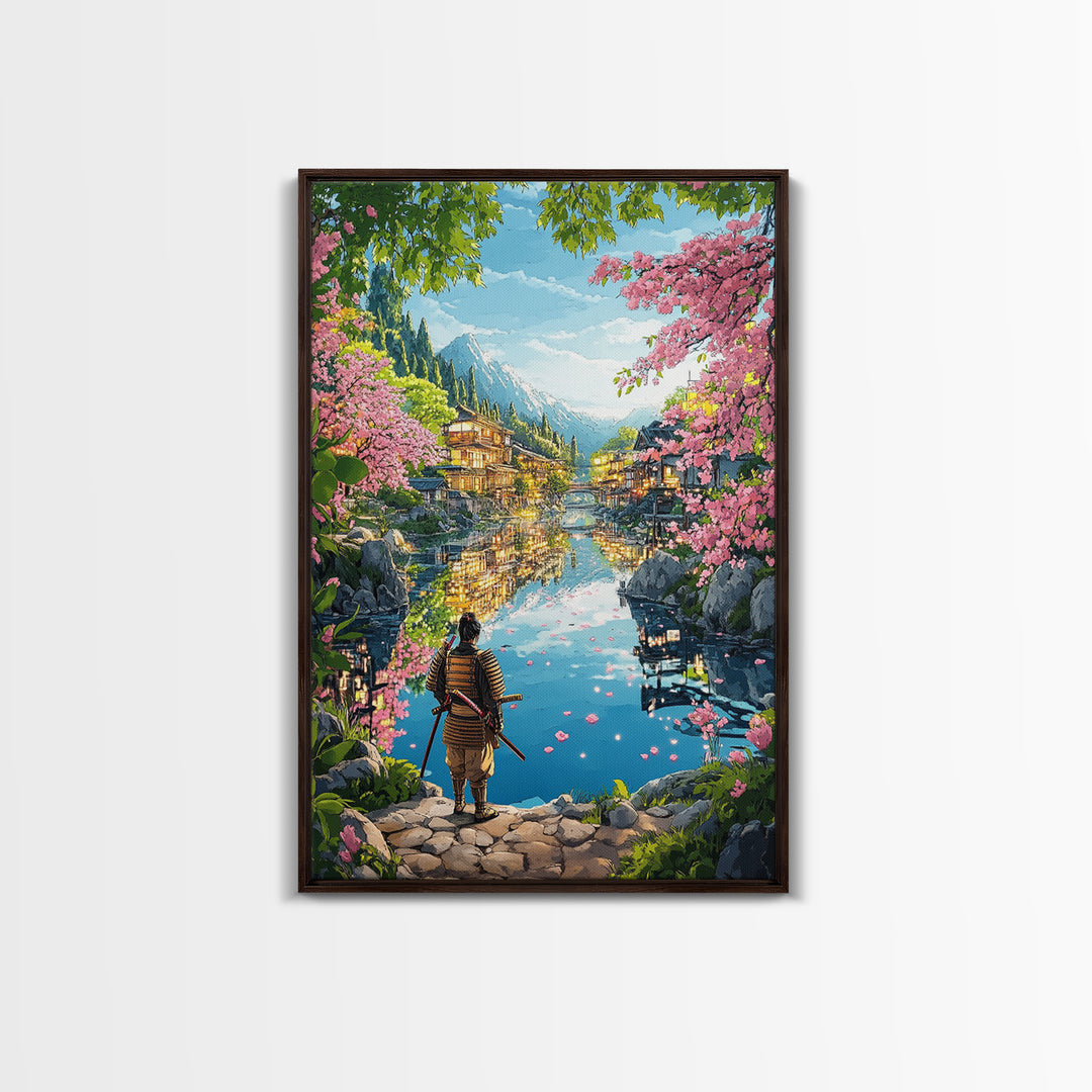 Samurai By Blossom Mountain Lake Wall Art, Japanese Village Framed Canvas Print, Serene Landscape Living Room Decor Gift