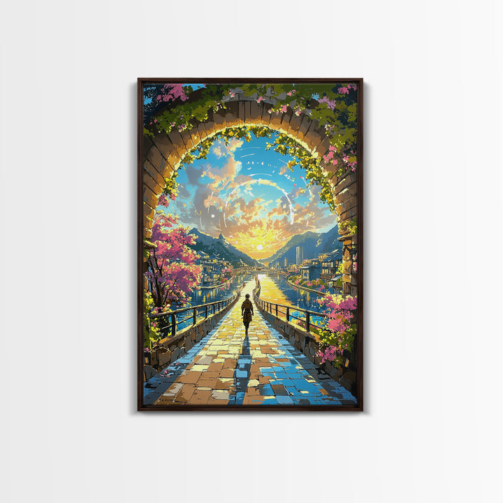 Sunlit Archway Over Canal Wall Art, Japanese Fantasy Canvas Print, Cherry Blossom Landscape Above Bed Decor Gift For Her