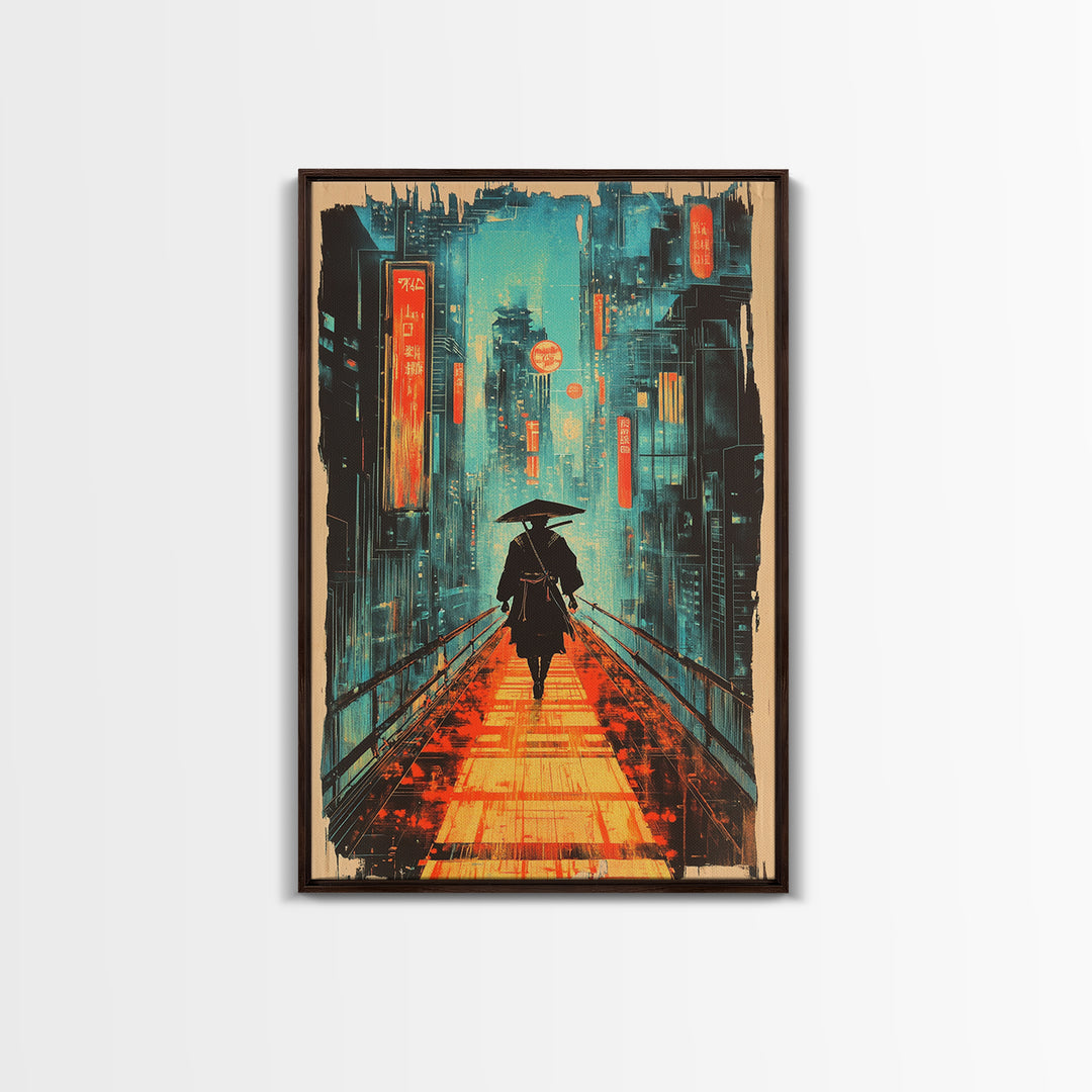Lone Samurai With Umbrella Wall Art, Neon Cyberpunk City Canvas Print, Japanese Rainy Night Poster Home Office Decor Gift