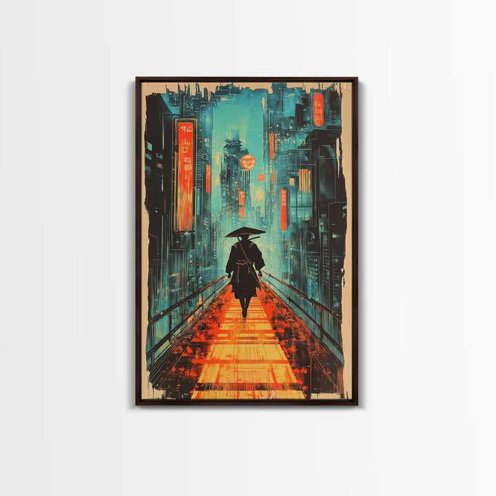 Lone Samurai With Umbrella Wall Art, Neon Cyberpunk City Canvas Print, Japanese Rainy Night Poster Home Office Decor Gift