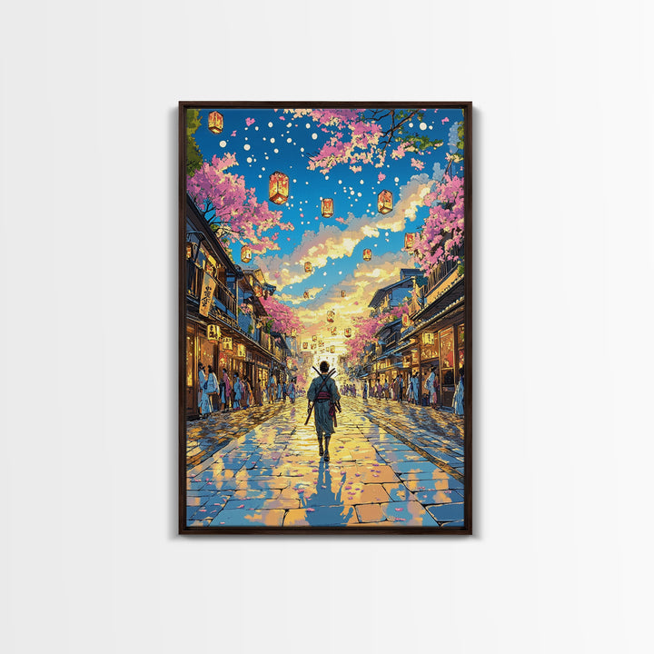 Samurai Lantern Festival Street Wall Art, Japanese Cherry Blossom Canvas Print, Colorful Anime Inspired Home Decor Gift Print