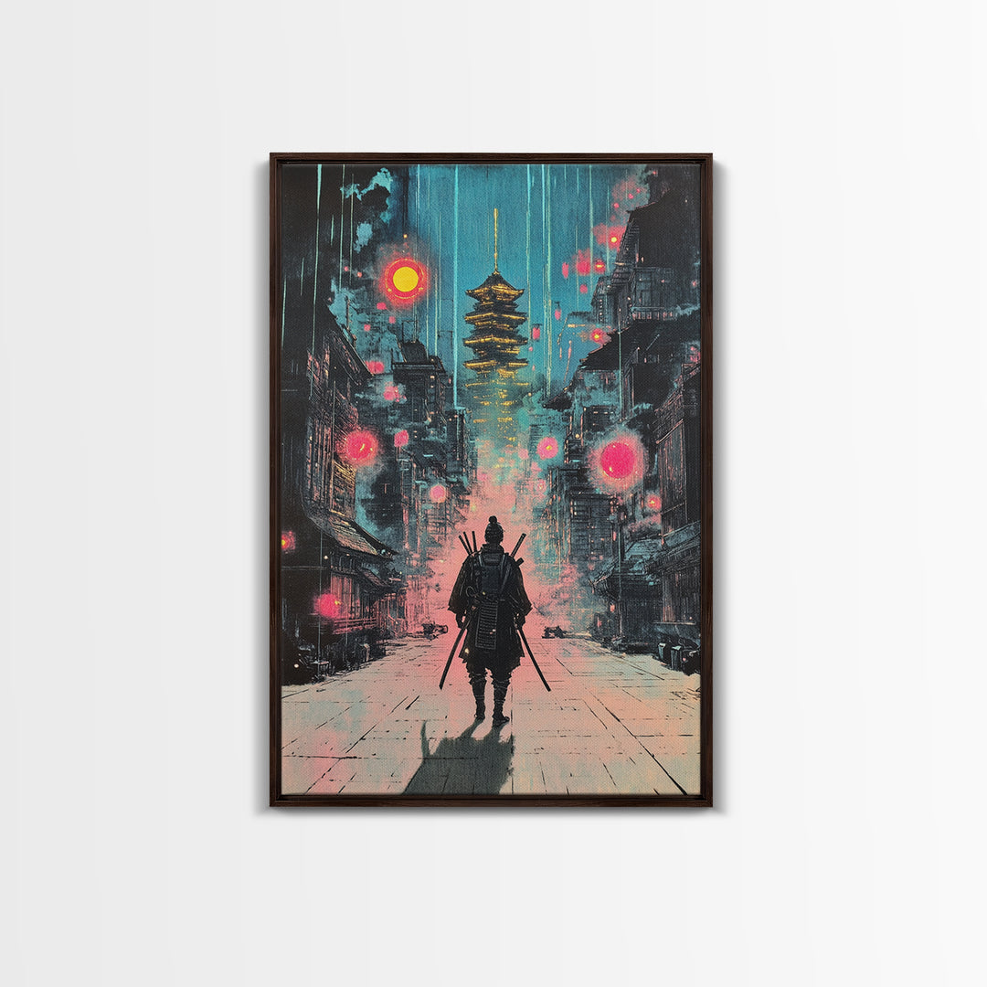Moody Rain Samurai And Pagoda Wall Art, Japanese Cyberpunk Canvas Print, Dark Neon Cityscape Office Decor Gift For Him Poster