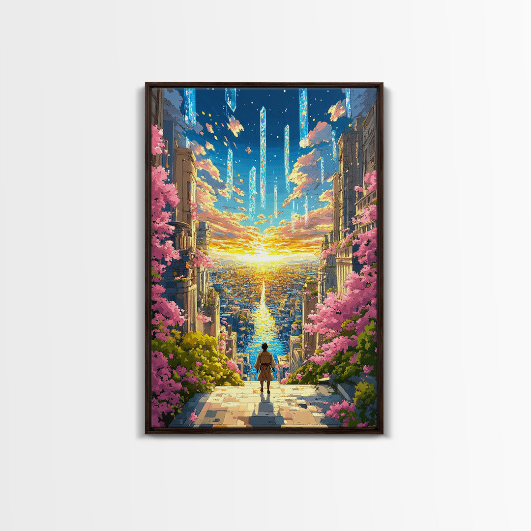 Futuristic City Sunset Vista Wall Art, Cherry Blossom Sci Fi Canvas Print, Vibrant Anime Landscape Living Room Decor Gift