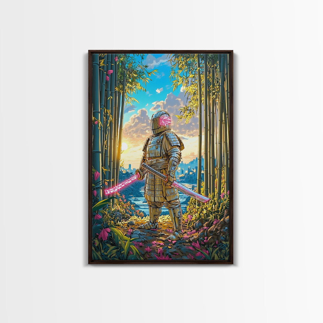 Armored Samurai In Bamboo Forest Canvas Print, Japanese Wall Art, Neon Sword Landscape, Sci Fi Warrior Decor, Gift For Him