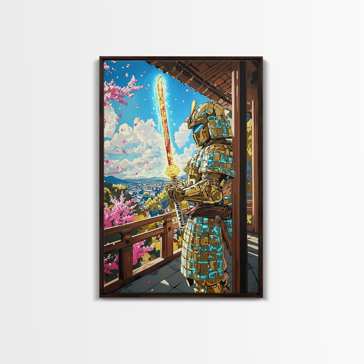 Golden Samurai On Cherry Blossom Balcony Wall Art, Japanese Seascape Print, Fantasy Warrior Wall Decor, Unique Gift For Him