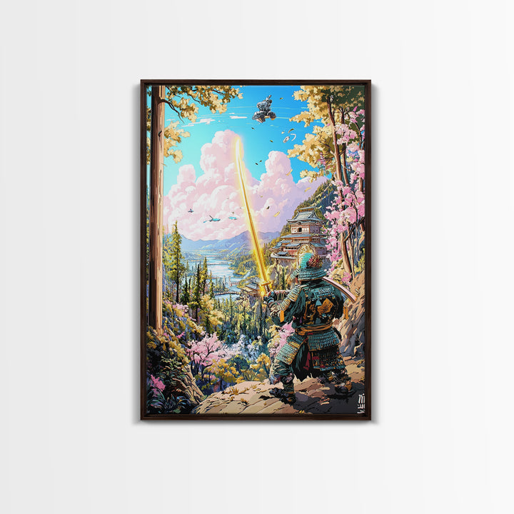 Samurai With Golden Sword Above Mountain Castle Wall Art, Japanese Landscape Print, Cherry Blossom Decor, Fantasy Wall Decor