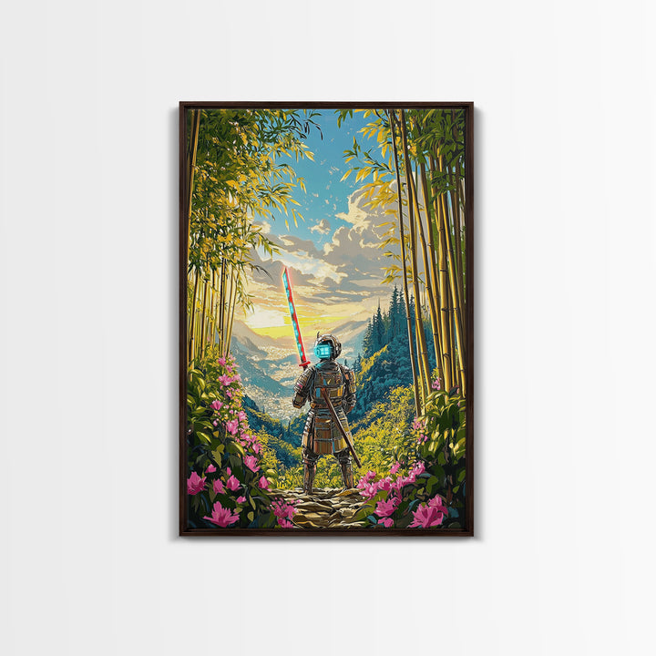 Neon Samurai In Bamboo Mountain Valley Canvas Print, Japanese Wall Art, Sunrise Landscape, Fantasy Home Decor, Gift For Him