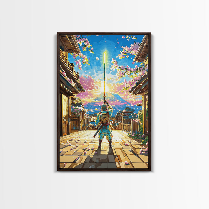 Samurai Raising Neon Sword In Cherry Blossom Village Canvas Print, Japanese Wall Art, Mount Fuji Decor, Fantasy Gift For Him