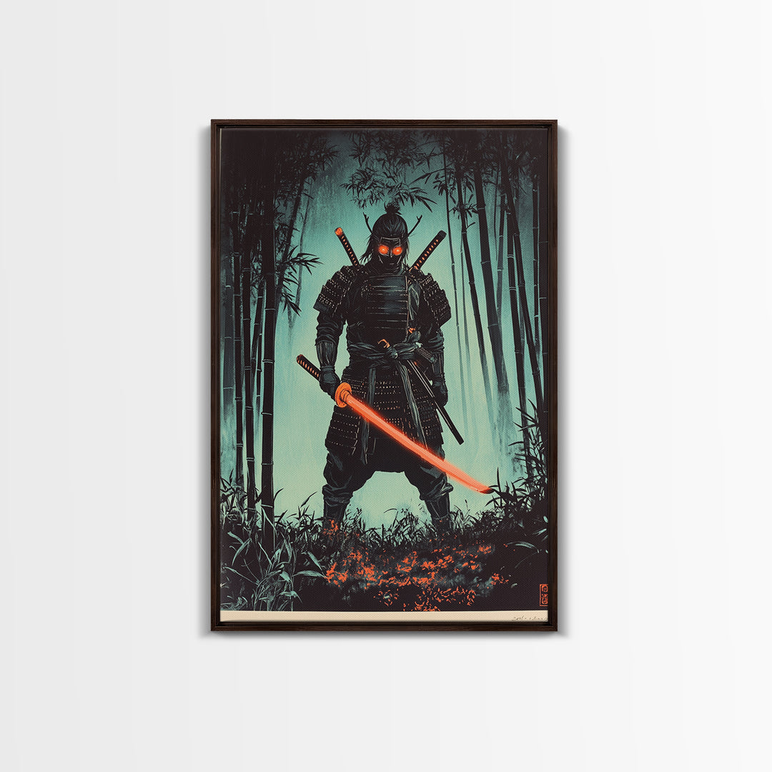 Dark Samurai In Bamboo Forest Framed Canvas Print, Japanese Warrior Wall Decor, Cyberpunk Fantasy Art, Gift For Him, Moody Office Decor