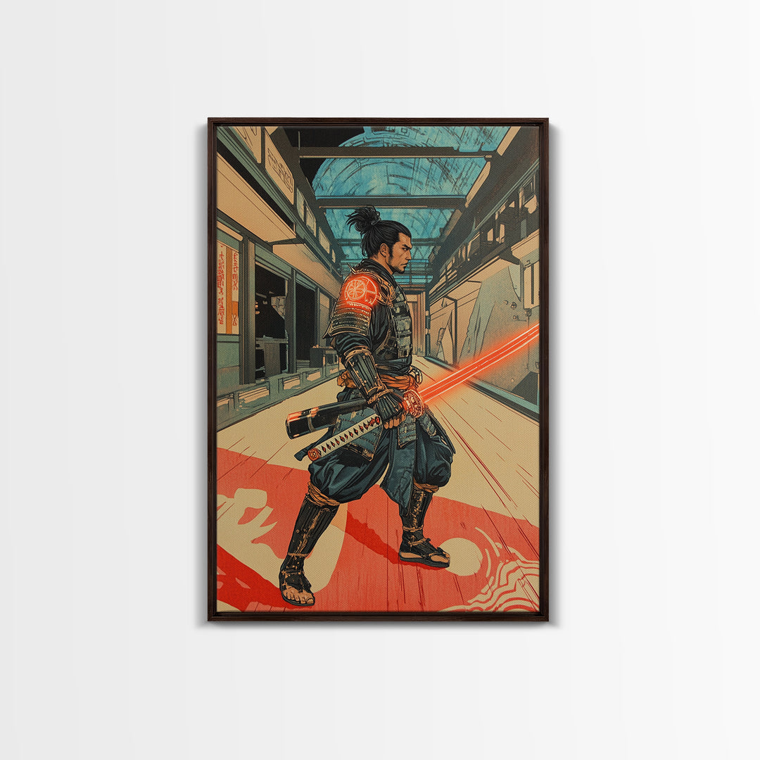 Futuristic Samurai In Subway Station Canvas Print, Japanese Cyberpunk Warrior, Sci Fi Wall Art, Gaming Room Decor Gift Idea