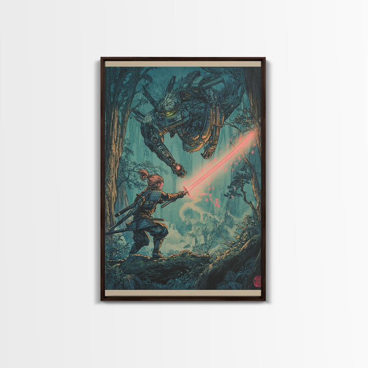 Samurai Battling Giant Mech In Forest Framed Canvas Print, Sci Fi Fantasy Wall Art, Cyberpunk Gamer Room Decor Gift For Him