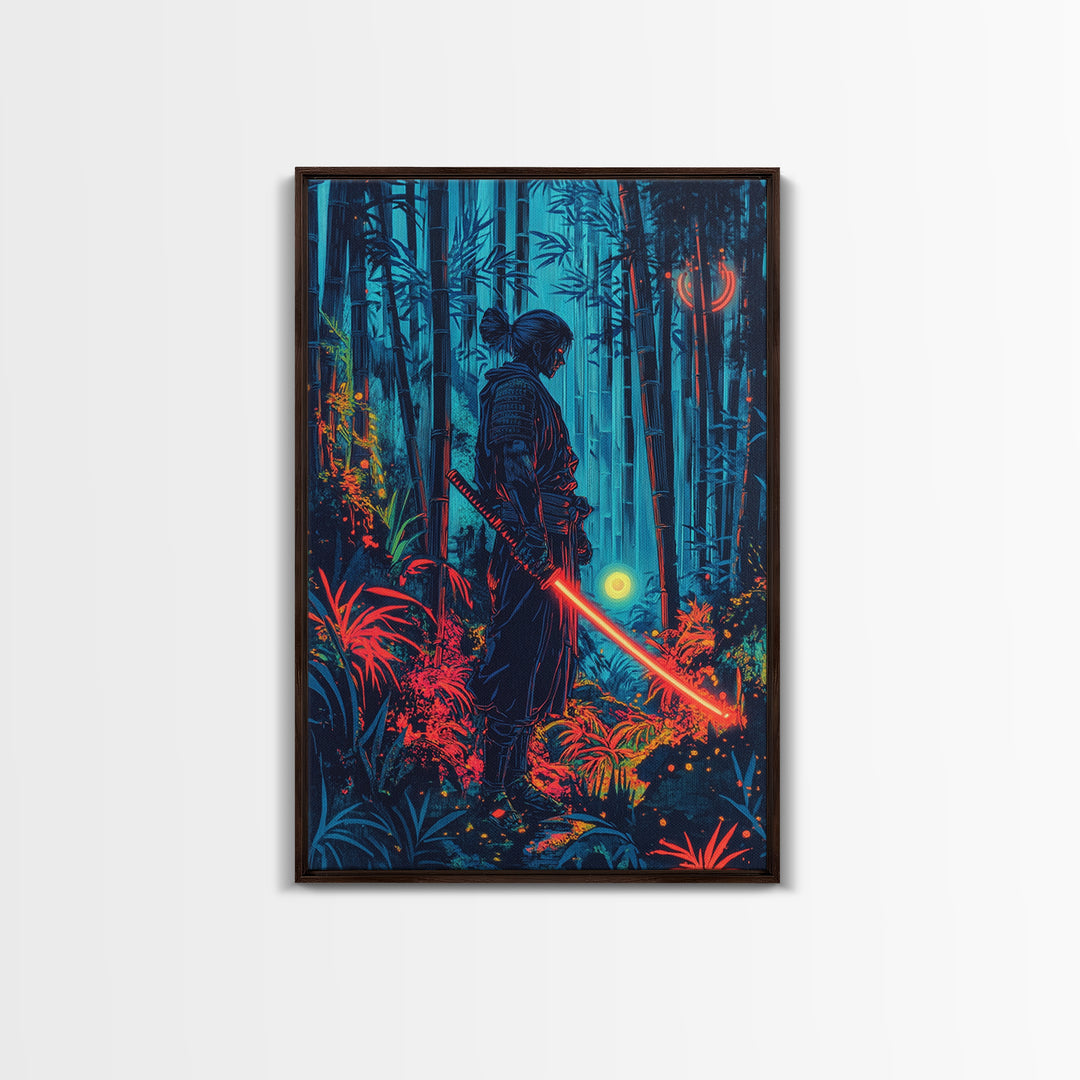 Neon Samurai In Blue Bamboo Forest Canvas Print, Cyberpunk Japanese Wall Art, Dark Fantasy Decor, Gaming Room Gift For Him